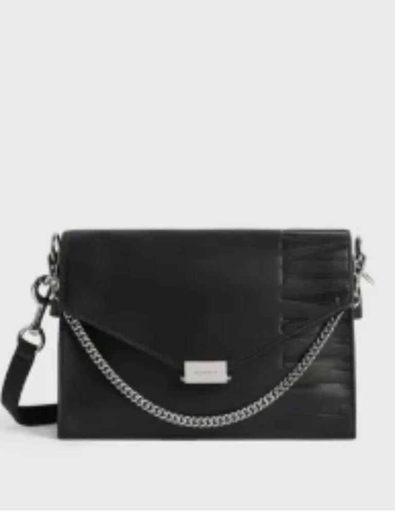 Allsaints Black Leather Shoulder Bag With Silver Chain Detail
